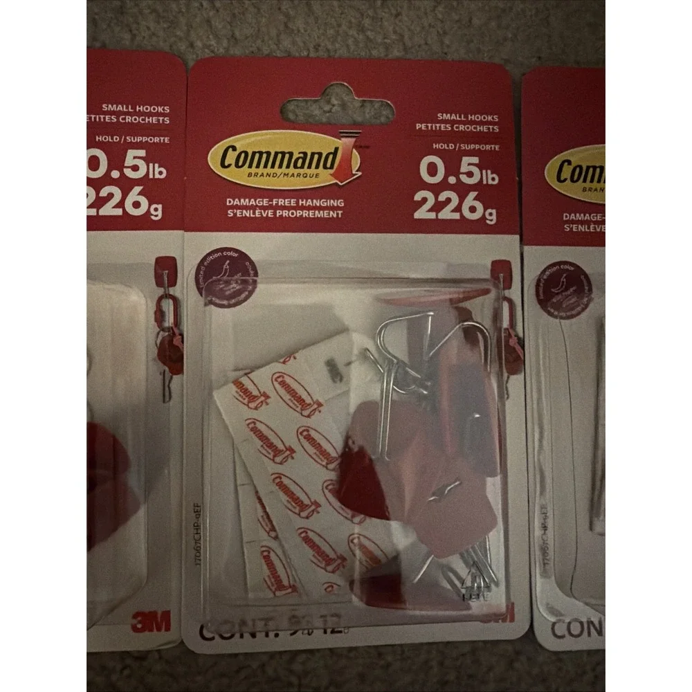 3M Command Red Small Wire Hooks -9 Hooks, 12 Strips - holds .5lbs Lot of 3